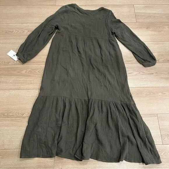 NWT 7 for All Mankind Cecelia Dress Gauzy Tiered Olive Green Midi Cotton Size S - Picture 6 of 6